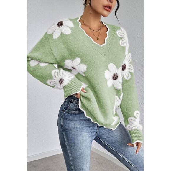 Women's Oversized V Neck Fuzzy Sweaters Light Green Loose Long Sleeve Top - Picture 2 of 9